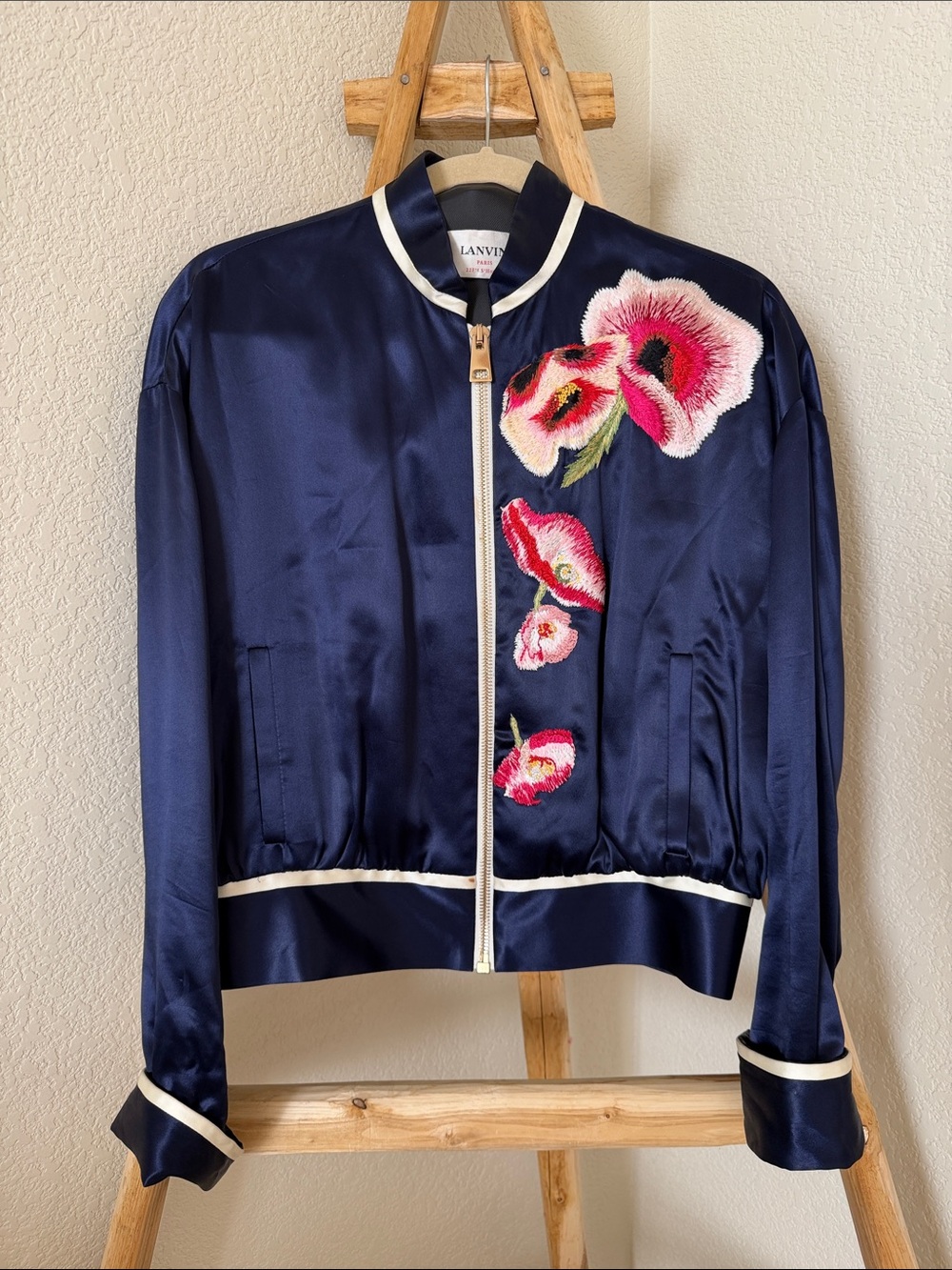 Lanvin Paris Navy Satin Bomber with Pink Poppy Floral Embroidery